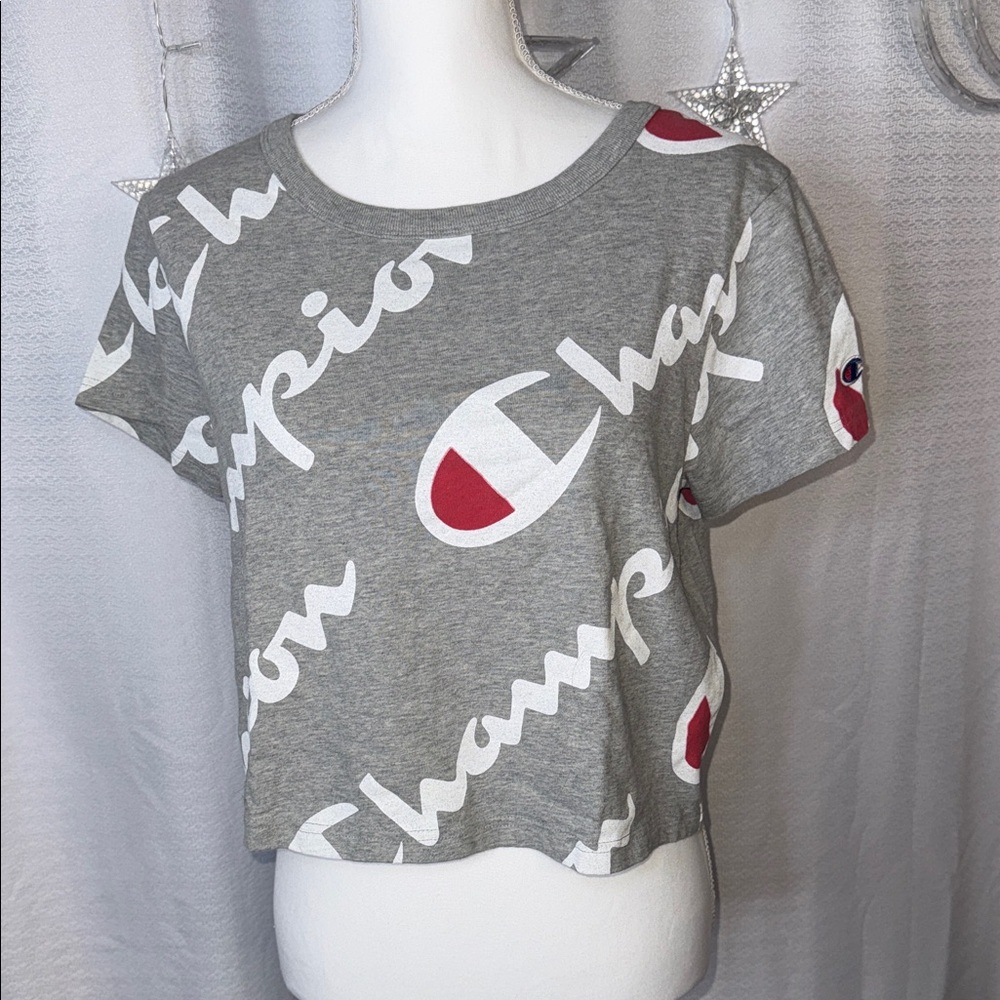 Champion Women's Gray and Red Logo Tee